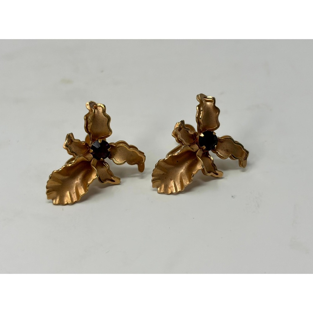 Bugbee & Niles B.N. Vintage Orchid Earrings Gold Tone Purple Rhinestone Floral